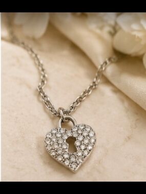 Crystal Pavé Heart Lock Necklace in Silver